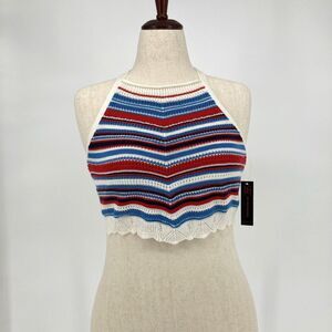 No Boundaries Crop Halter Top LARGE 11-13 Crochet Patriotic USA Red White Blue